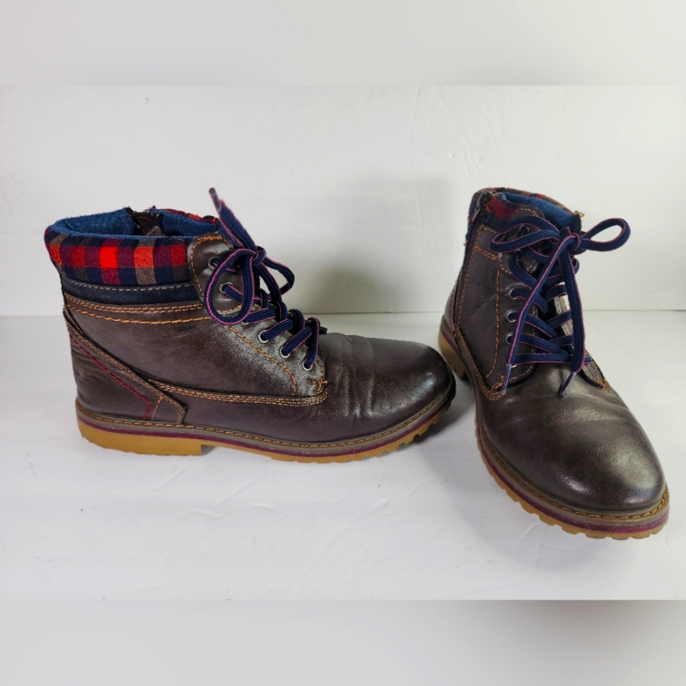 Stone Canyon Tucker Brown Faux Leather Zip Lace Up Plaid Detail Boy Boots S 6M